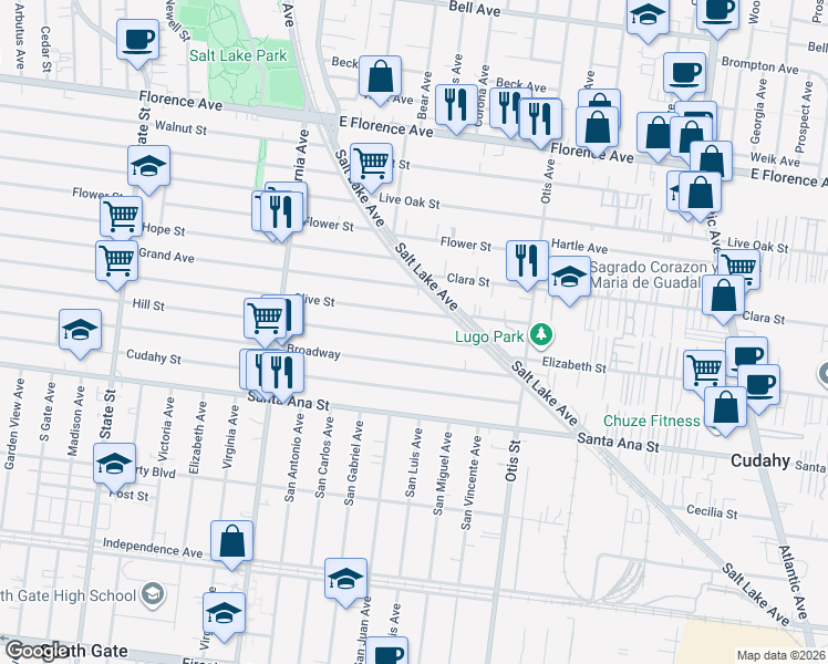 map of restaurants, bars, coffee shops, grocery stores, and more near 4002 Hill Street in Huntington Park