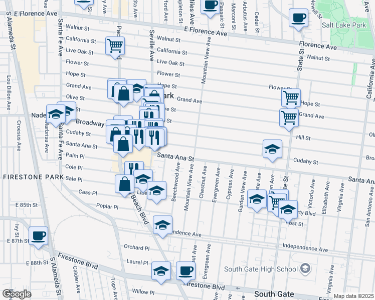 map of restaurants, bars, coffee shops, grocery stores, and more near 2813 Santa Ana Street in South Gate