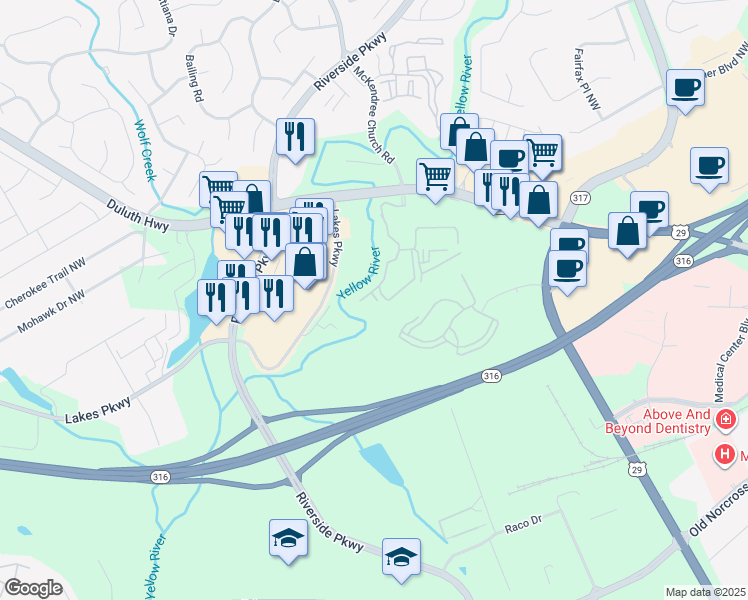 map of restaurants, bars, coffee shops, grocery stores, and more near 980 Lakes Pkwy in Lawrenceville