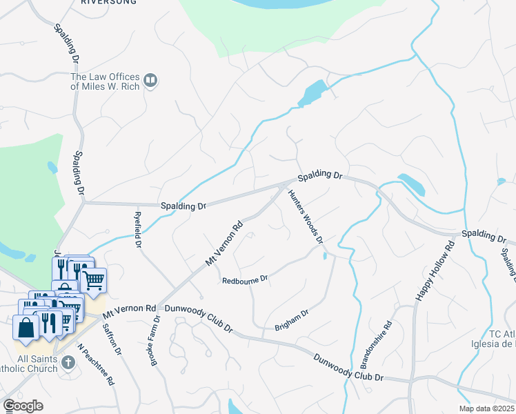 map of restaurants, bars, coffee shops, grocery stores, and more near 125 Knightsridge Court in Atlanta