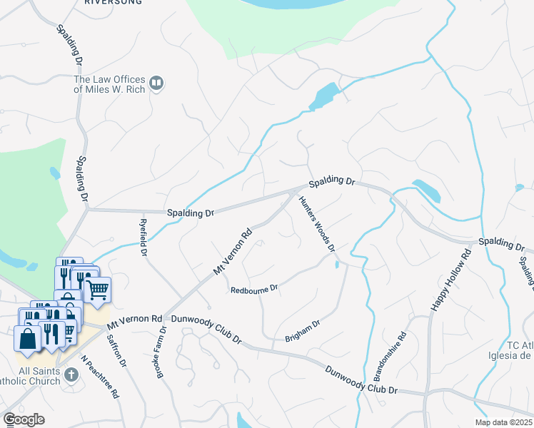 map of restaurants, bars, coffee shops, grocery stores, and more near 125 Knightsridge Court in Atlanta