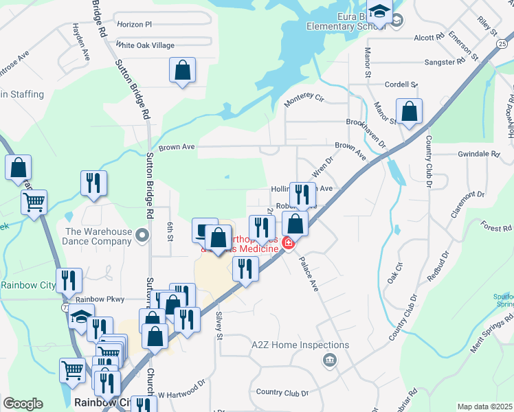 map of restaurants, bars, coffee shops, grocery stores, and more near 202 2nd Street in Rainbow City