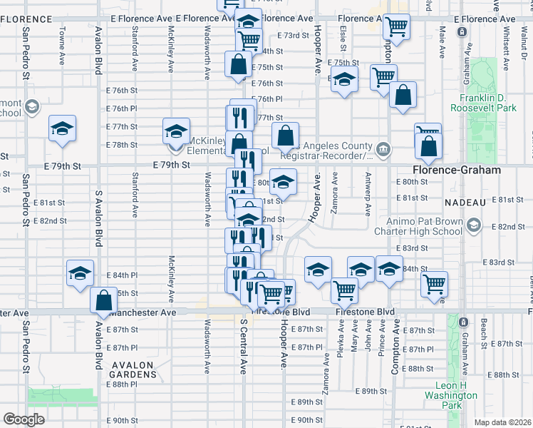 map of restaurants, bars, coffee shops, grocery stores, and more near 1139 East 82nd Street in Los Angeles