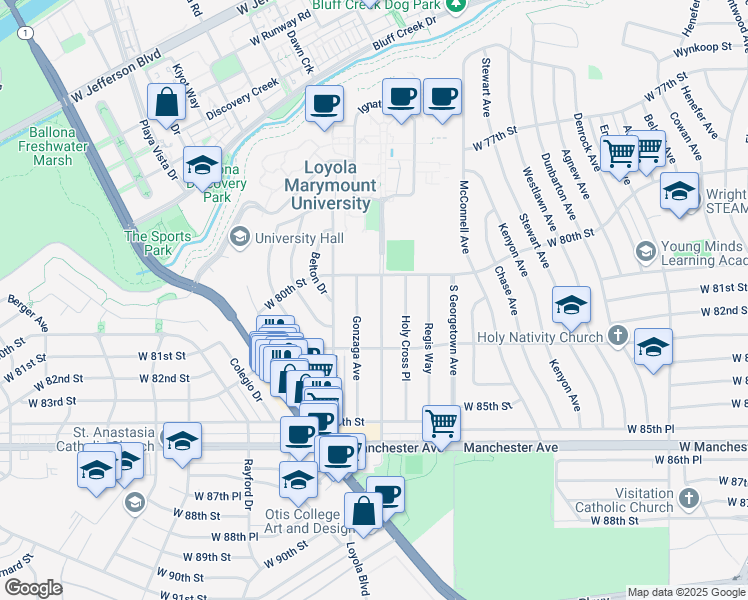 map of restaurants, bars, coffee shops, grocery stores, and more near 8100 Gonzaga Avenue in Los Angeles