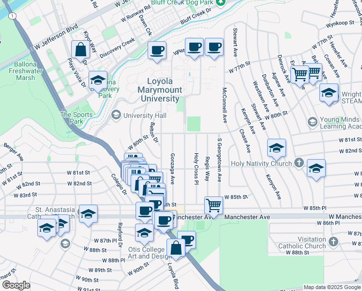 map of restaurants, bars, coffee shops, grocery stores, and more near 8027 Loyola Boulevard in Los Angeles