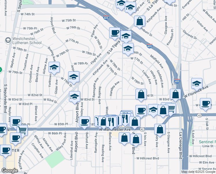 map of restaurants, bars, coffee shops, grocery stores, and more near 8100 Winsford Avenue in Los Angeles