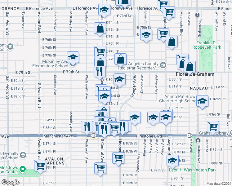 map of restaurants, bars, coffee shops, grocery stores, and more near 1159 East 82nd Street in Los Angeles