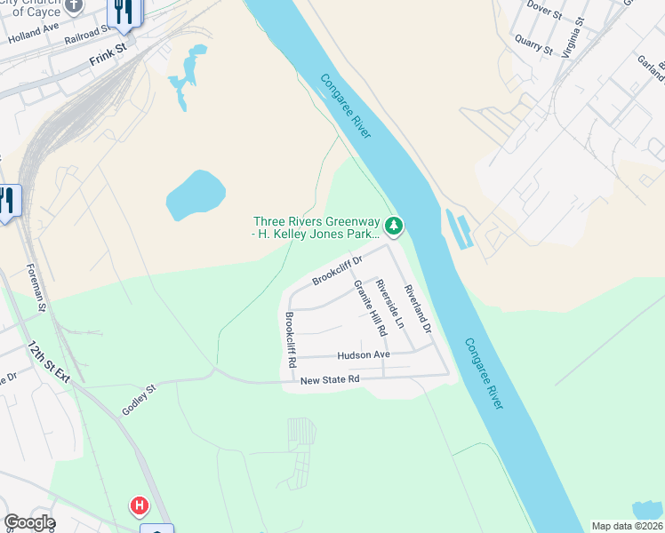 map of restaurants, bars, coffee shops, grocery stores, and more near 519 Brookcliff Road in Cayce