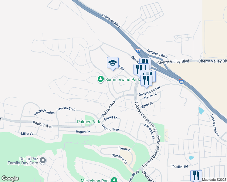 map of restaurants, bars, coffee shops, grocery stores, and more near 1156 Poinsettia Circle in Calimesa