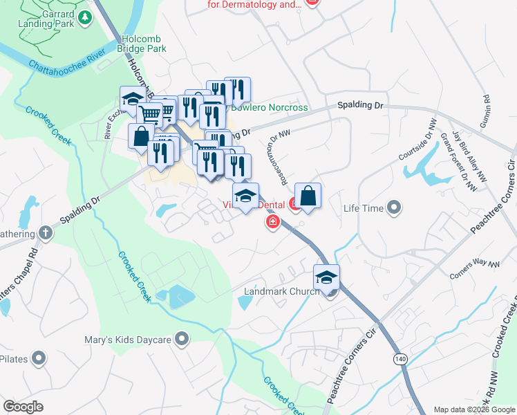 map of restaurants, bars, coffee shops, grocery stores, and more near 3885 Holcomb Bridge Road in Norcross