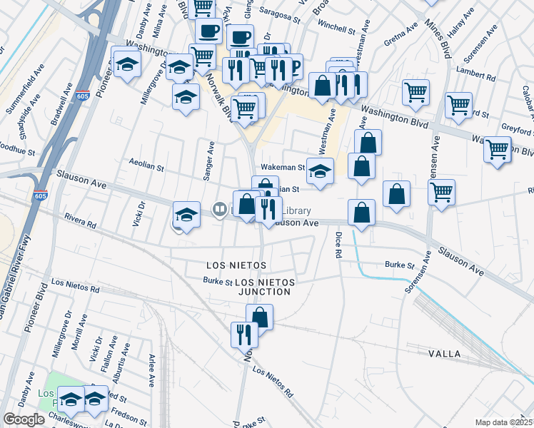 map of restaurants, bars, coffee shops, grocery stores, and more near 11528 Slauson Avenue in Whittier