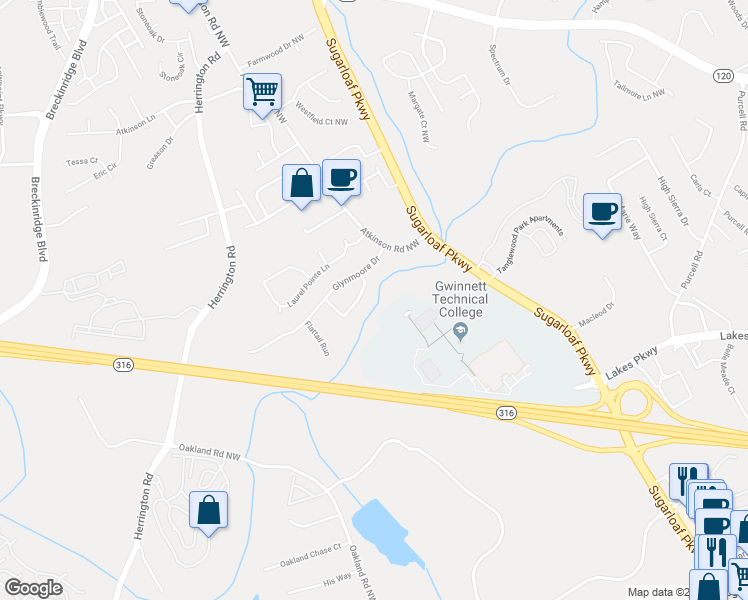 map of restaurants, bars, coffee shops, grocery stores, and more near 1431 Glynview Circle in Lawrenceville