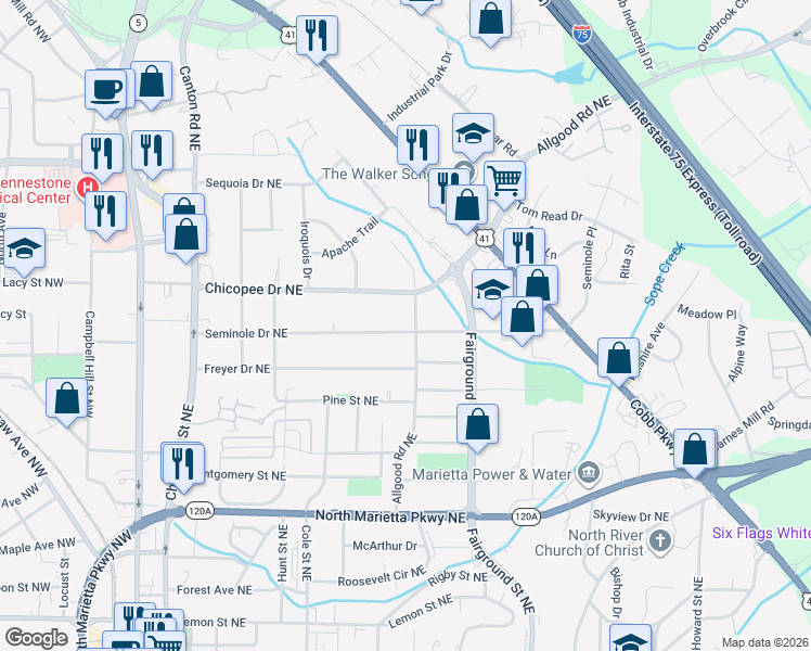 map of restaurants, bars, coffee shops, grocery stores, and more near 434 Seminole Drive Northeast in Marietta