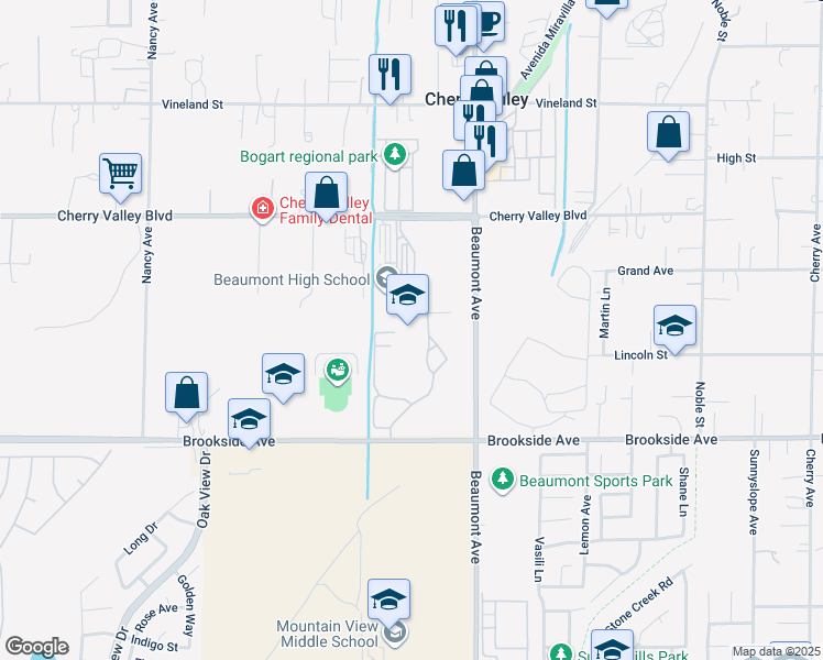 map of restaurants, bars, coffee shops, grocery stores, and more near 39139 Cherry Valley Boulevard in Beaumont