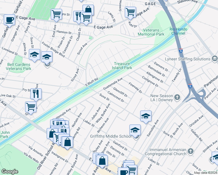map of restaurants, bars, coffee shops, grocery stores, and more near 7537 Calmcrest Drive in Downey