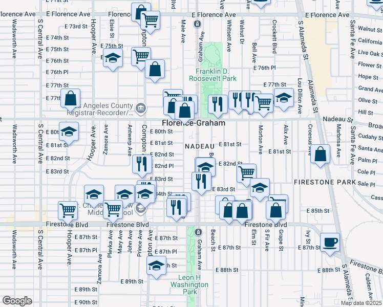 map of restaurants, bars, coffee shops, grocery stores, and more near 1678 East 82nd Place in Los Angeles