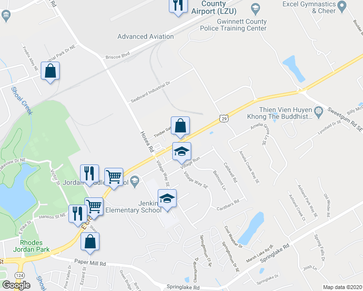 map of restaurants, bars, coffee shops, grocery stores, and more near Providence Run Court Southeast in Lawrenceville