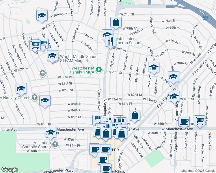 map of restaurants, bars, coffee shops, grocery stores, and more near 8101 Naylor Avenue in Los Angeles