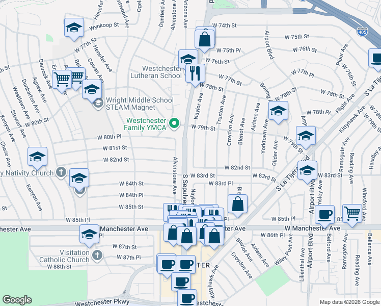 map of restaurants, bars, coffee shops, grocery stores, and more near 8101 Naylor Avenue in Los Angeles