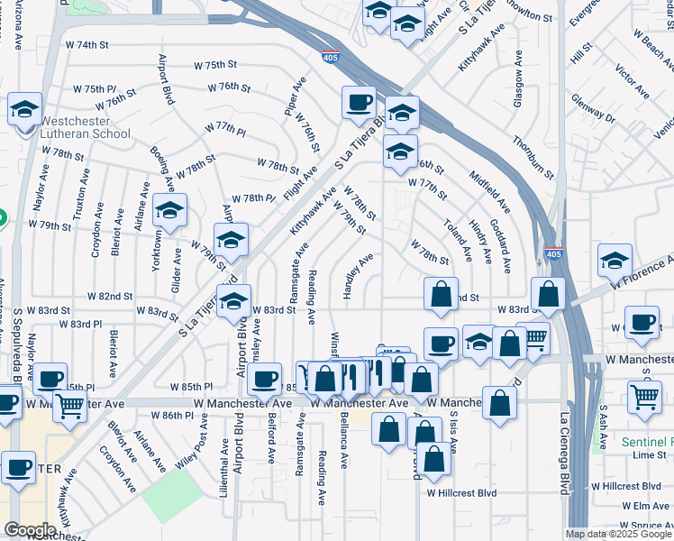 map of restaurants, bars, coffee shops, grocery stores, and more near 8100 Winsford Avenue in Los Angeles