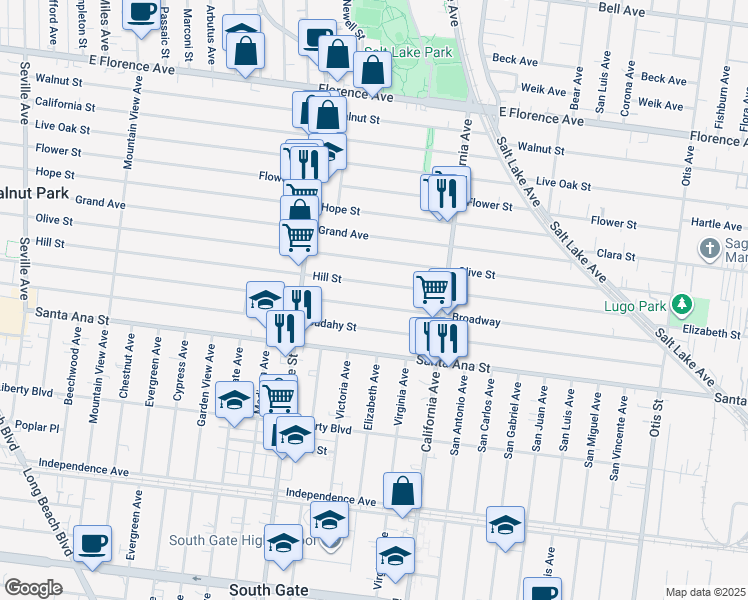 map of restaurants, bars, coffee shops, grocery stores, and more near 3373 Broadway Ave in Huntington Park