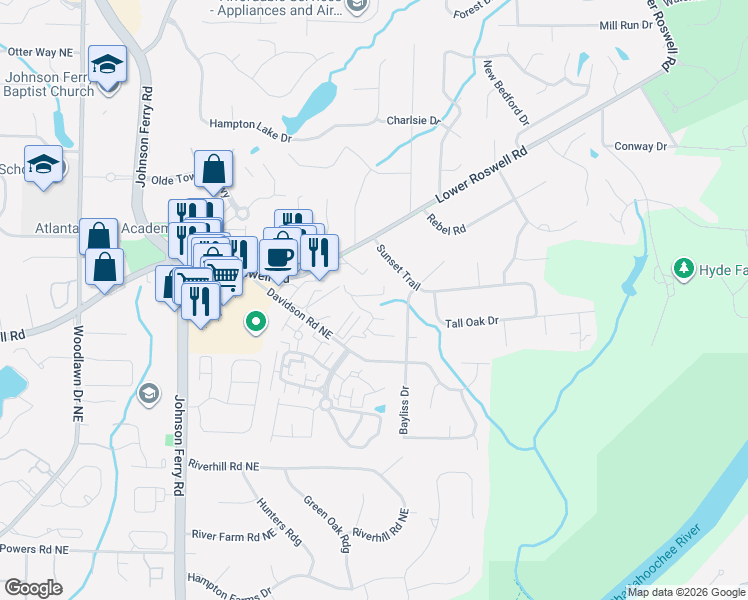 map of restaurants, bars, coffee shops, grocery stores, and more near 1304 Parkaire Crossing in Marietta