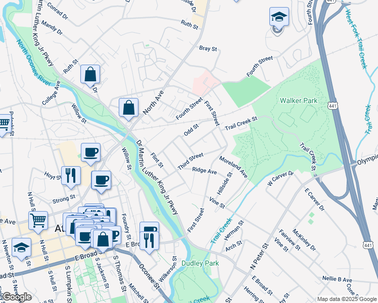 map of restaurants, bars, coffee shops, grocery stores, and more near 260 Griffeth Street in Athens
