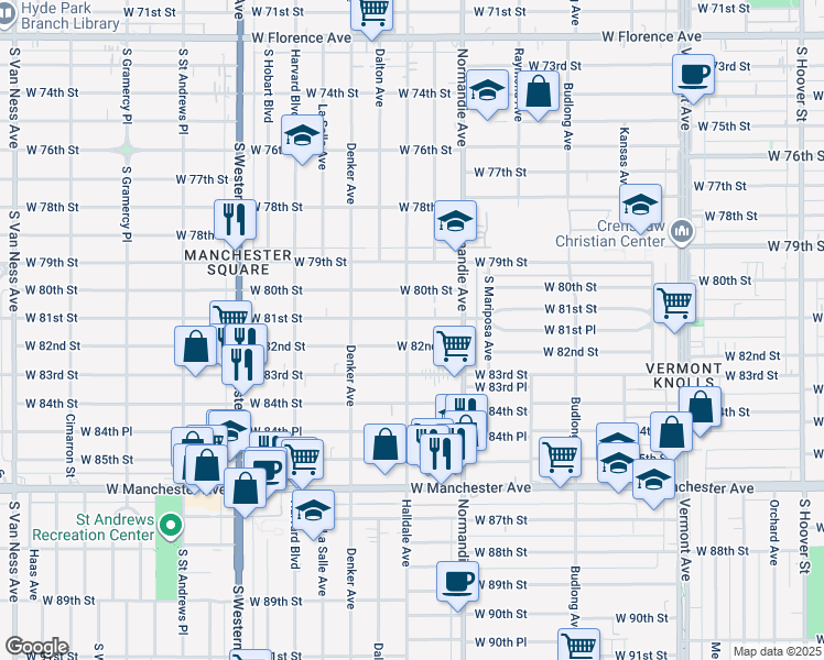 map of restaurants, bars, coffee shops, grocery stores, and more near 8110 South Halldale Avenue in Los Angeles