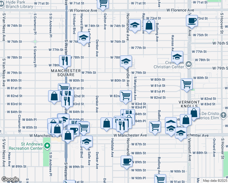 map of restaurants, bars, coffee shops, grocery stores, and more near 8110 South Halldale Avenue in Los Angeles
