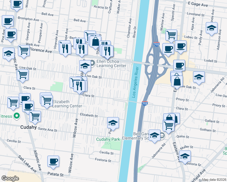 map of restaurants, bars, coffee shops, grocery stores, and more near Clara Street in Cudahy