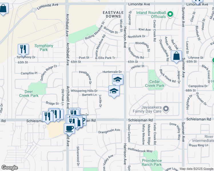 map of restaurants, bars, coffee shops, grocery stores, and more near 13907 Avenly Glen Way in Corona