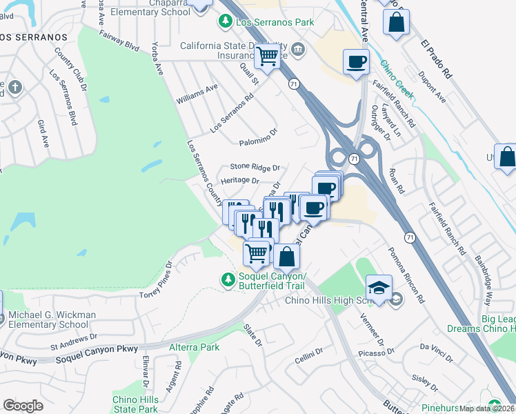map of restaurants, bars, coffee shops, grocery stores, and more near 15886 Sedona Drive in Chino Hills
