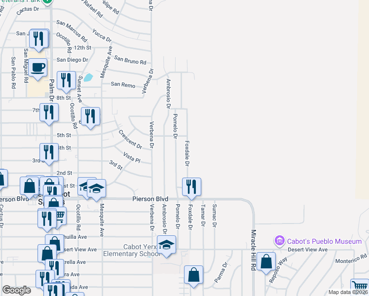 map of restaurants, bars, coffee shops, grocery stores, and more near 11581 Foxdale Drive in Desert Hot Springs
