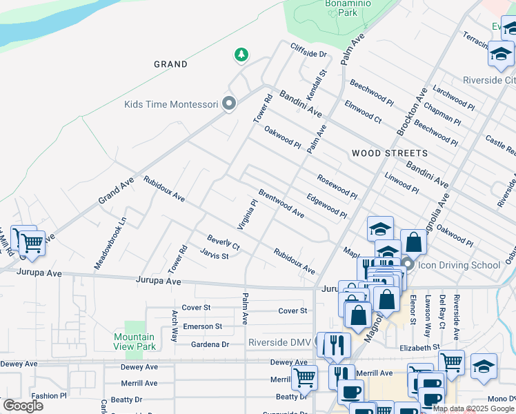 map of restaurants, bars, coffee shops, grocery stores, and more near 5854 Virginia Place in Riverside