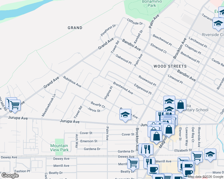 map of restaurants, bars, coffee shops, grocery stores, and more near 5854 Virginia Place in Riverside