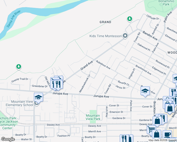 map of restaurants, bars, coffee shops, grocery stores, and more near 4936 Wilton Place in Riverside