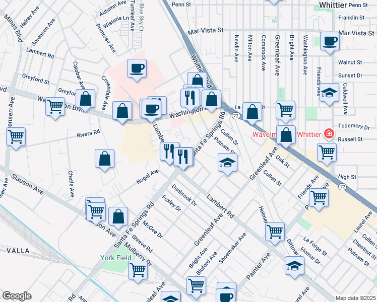 map of restaurants, bars, coffee shops, grocery stores, and more near 12598 Adler Drive in Whittier