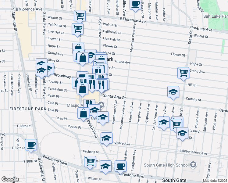 map of restaurants, bars, coffee shops, grocery stores, and more near 2752 Santa Ana Street in South Gate