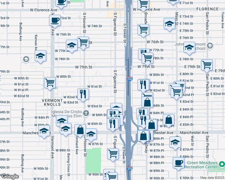 map of restaurants, bars, coffee shops, grocery stores, and more near 8226 South Figueroa Street in Los Angeles