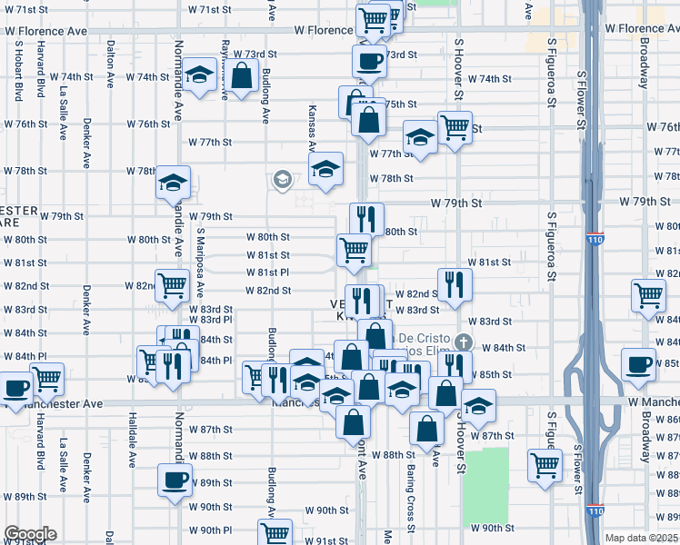map of restaurants, bars, coffee shops, grocery stores, and more near 1031 West 82nd Street in Los Angeles