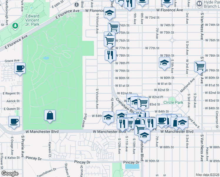 map of restaurants, bars, coffee shops, grocery stores, and more near in Inglewood