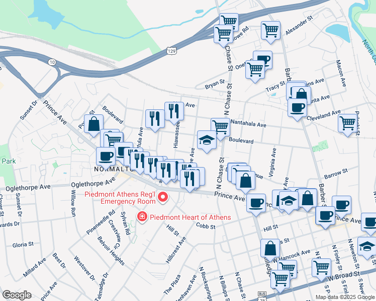 map of restaurants, bars, coffee shops, grocery stores, and more near 185 Nacoochee Avenue in Athens
