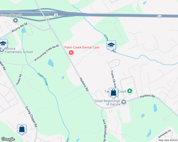 map of restaurants, bars, coffee shops, grocery stores, and more near 1072 Harbins Road in Dacula