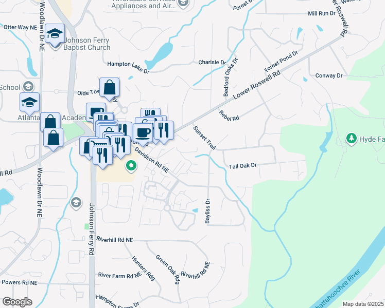 map of restaurants, bars, coffee shops, grocery stores, and more near 1304 Parkaire Crossing in Marietta