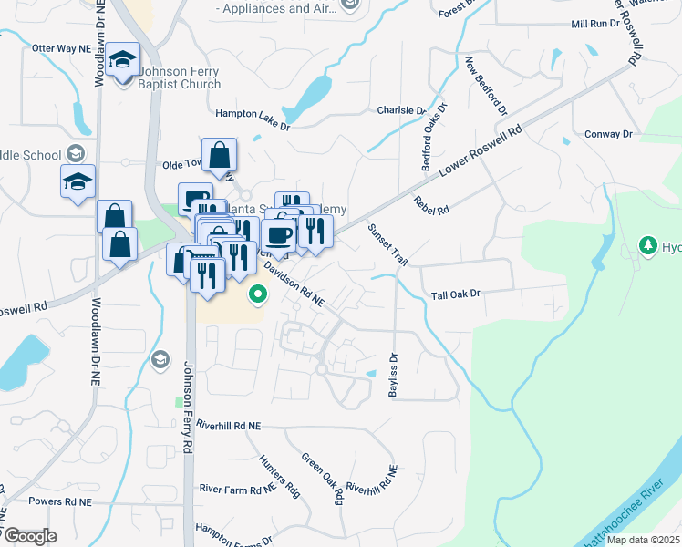 map of restaurants, bars, coffee shops, grocery stores, and more near 674 Highland Court in Marietta