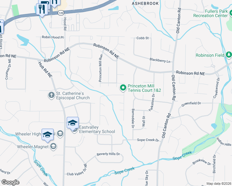 map of restaurants, bars, coffee shops, grocery stores, and more near 2799 Lawrence Mill Run in Marietta