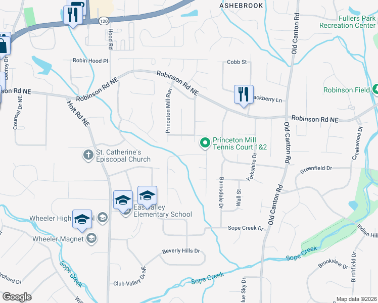map of restaurants, bars, coffee shops, grocery stores, and more near 2794 Lawrence Mill Run in Marietta