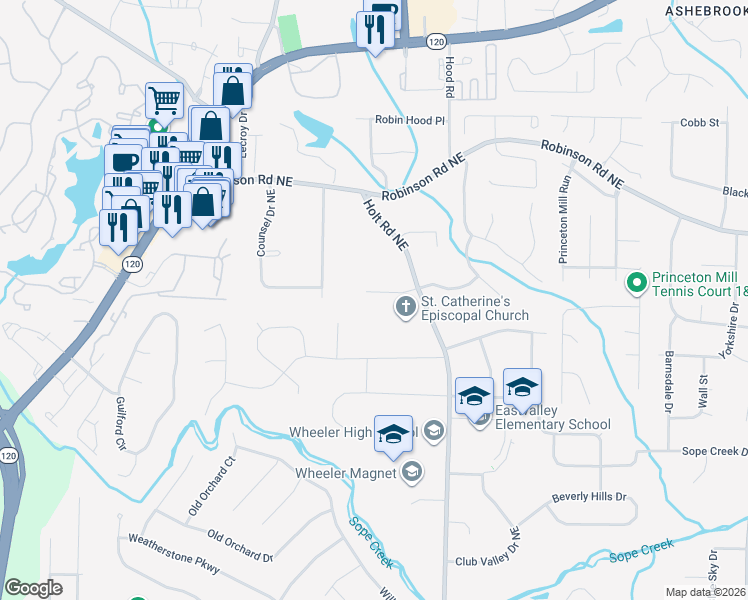 map of restaurants, bars, coffee shops, grocery stores, and more near 2412 Montclair Park Lane in Marietta