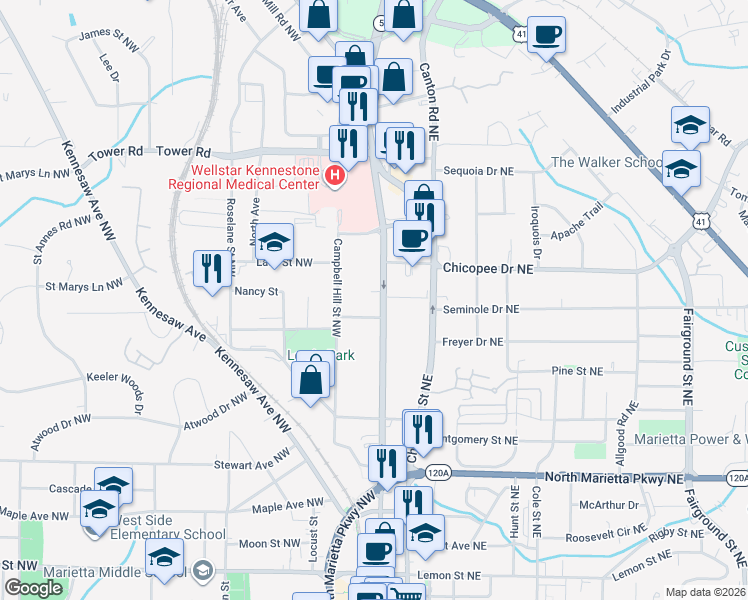 map of restaurants, bars, coffee shops, grocery stores, and more near 551 Church Street in Marietta