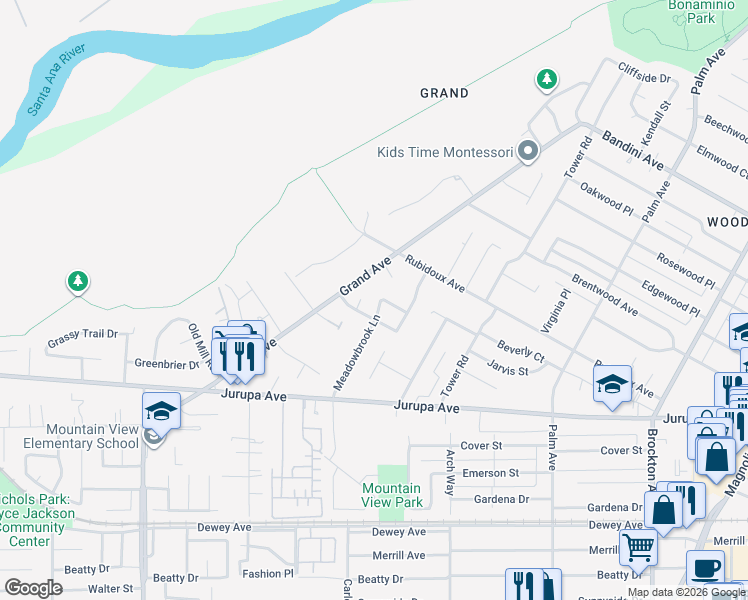 map of restaurants, bars, coffee shops, grocery stores, and more near 5847 Meadowbrook Lane in Riverside